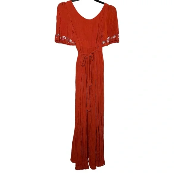 Rahi Cali Burnt Orange Floral Embroidered Wrap Maxi Dress, Medium - Picture 3 of 11